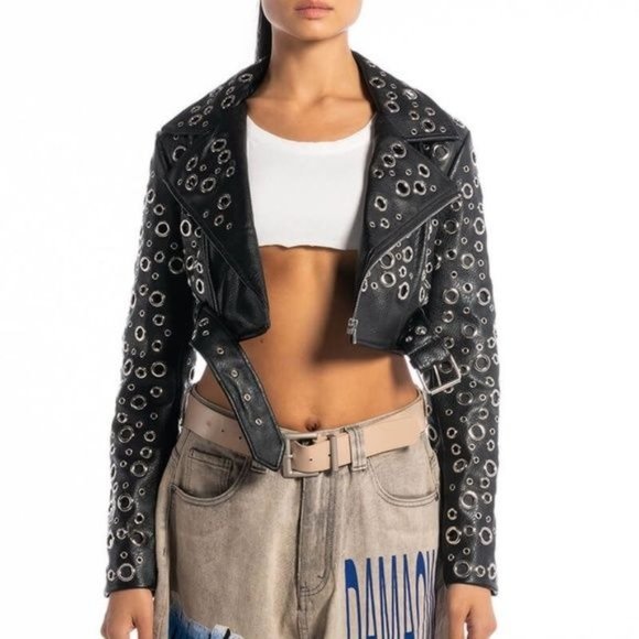 Miz 360: Circle of Life Cropped Grommet Vegan Leather Moto Jacket Large - Picture 12 of 13